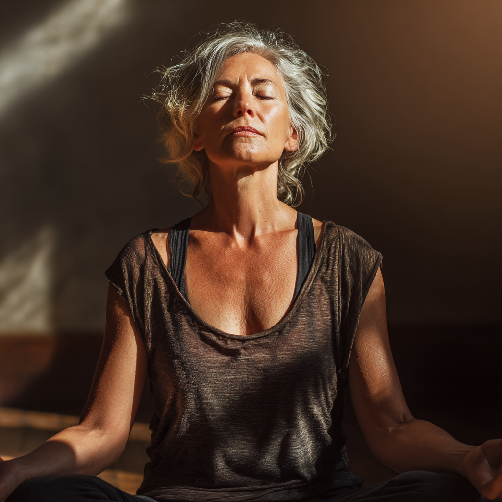 50 years old woman in lotus meditation position with natural lighting