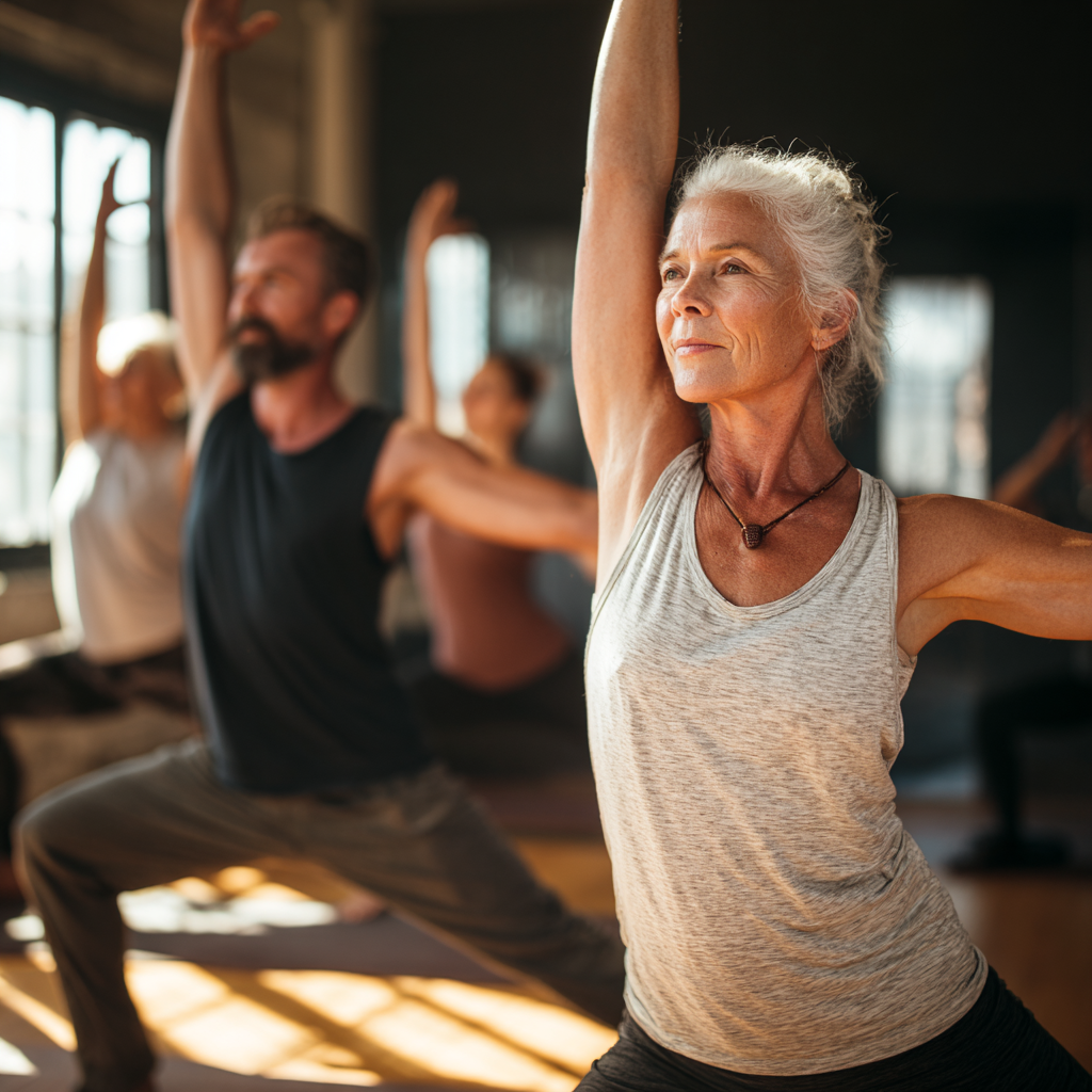 51 years old group  practicing yoga poses in sunlit studio