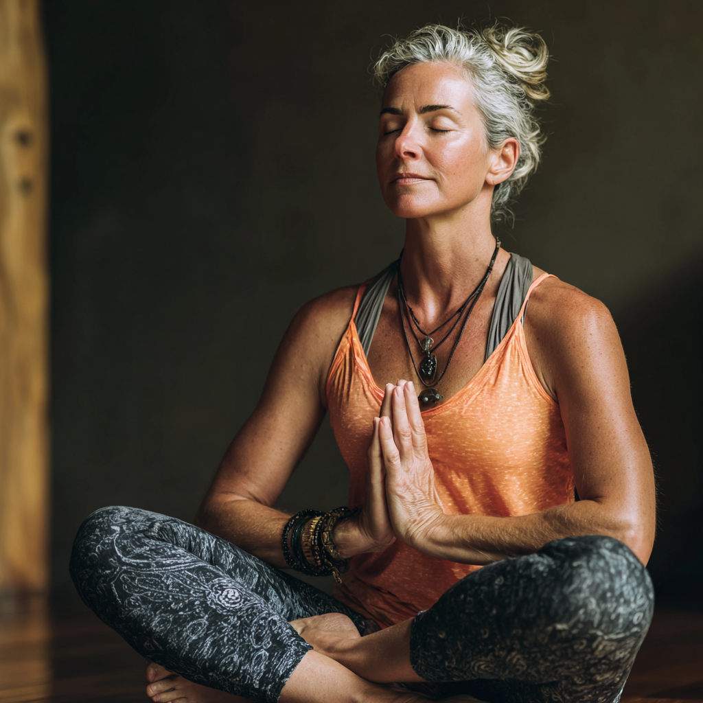 52 years old female yoga instructor in peaceful meditation