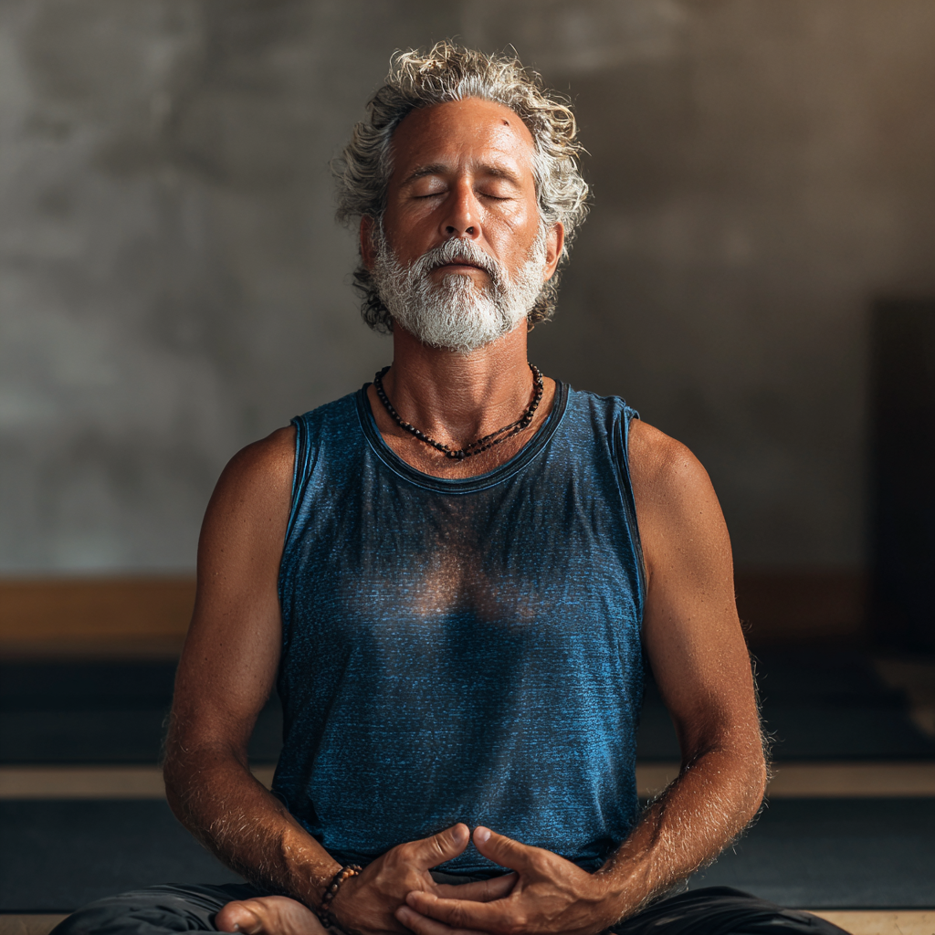 53 years old male yoga teacher demonstrating mindful breathing exercise
