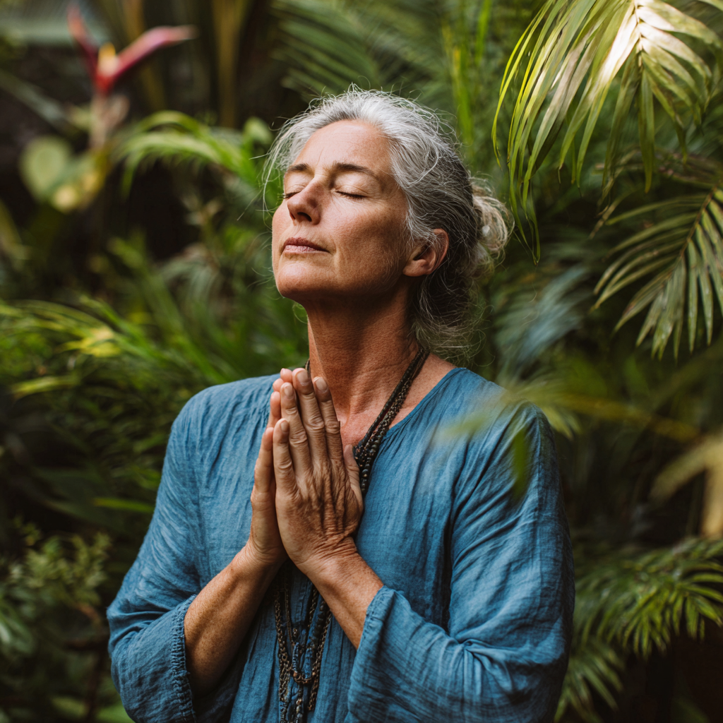 54 years old practitioner focused on breathing exercise in serene environment